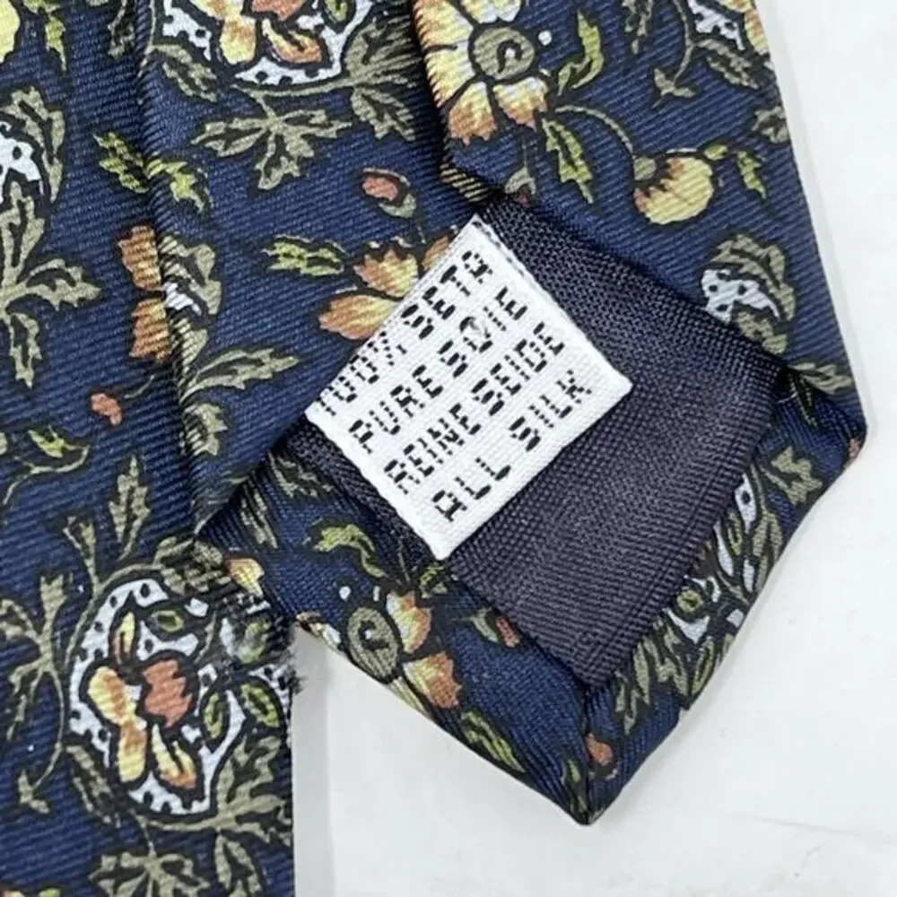 Vintage Herve Monsigny 100% Silk‎ Tie Blue Yellow Floral Print Designer Necktie